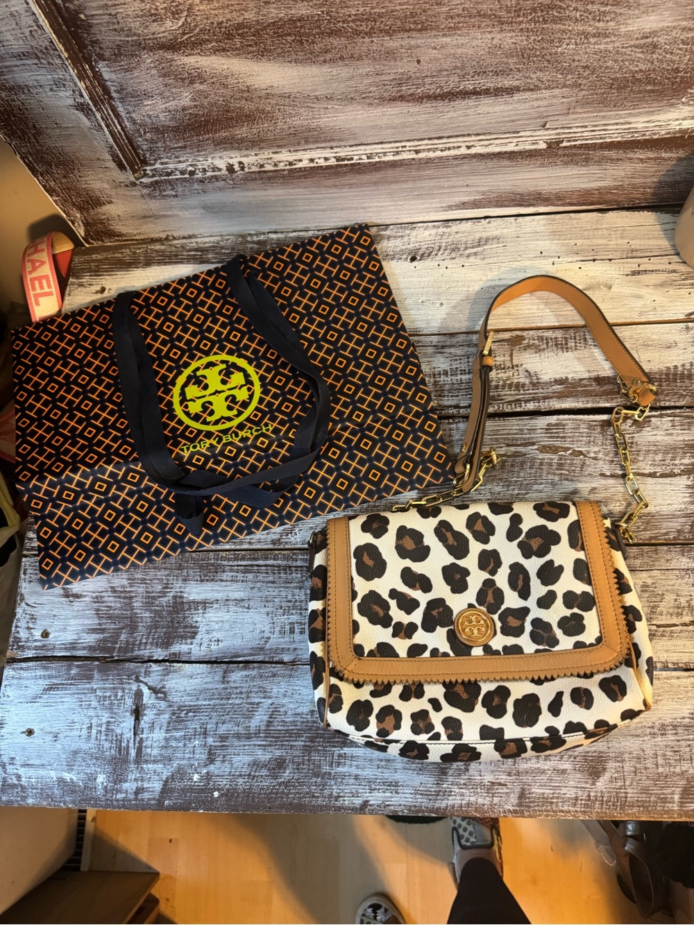 Tory Burch Leopard Print Shoulder Bag with Tan Trim